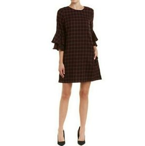 ⭐BEACHLUNCHLOUNGE Red Black Check Dress Ruffle Bell Sleeve Buffalo Cotton Medium